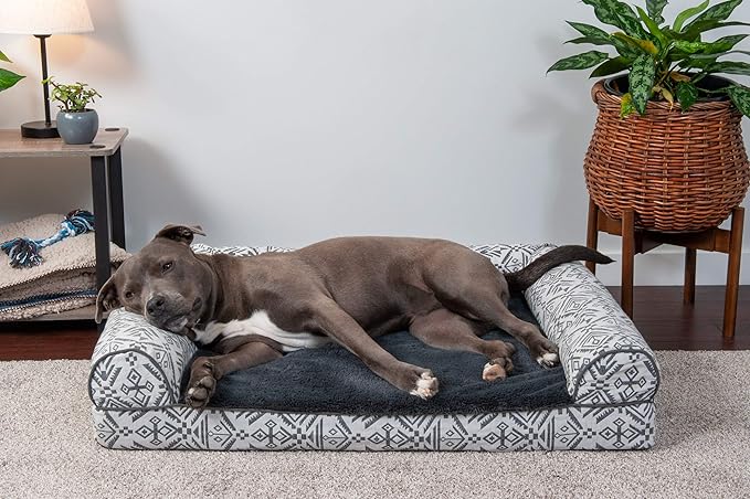 Furhaven Orthopedic Dog Bed for Large/Medium Dogs w/ Removable Bolsters & Washable Cover, For Dogs Up to 55 lbs - Plush & Southwest Kilim Woven Decor Sofa - Boulder Gray, Large-PawvioPets