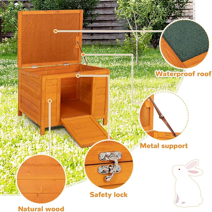 COZIWOW 24inches Wooden Catio Outdoor Cat House Small Animal House，Rabbit Hutch Indoor，Stable Weatherproof Bunny Cage Pet Shelter for Small Cat Dog Rabbit Guinea Pig(Orange)-PawvioPets