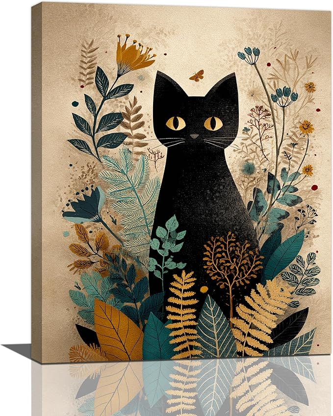 Boho Black Cat Wall Art Kitten Botanical Wall Decor Mid Century Modern Canvas Painting Print Minimalist Pictures Artwork Framed Decorations Gifts for Cat Lover Bathroom Nursery Living Room Bedroom Kitchen 16"x20"-PawvioPets