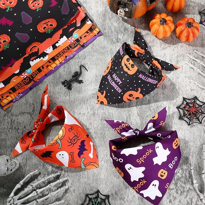 Abbylike 50 Pcs Halloween Dog Bandanas Bulk Pumpkin Bandanas for Dogs Triangle Kerchief Bibs Scarf Set for Pet Halloween Costume Photo Props Accessories Pet Shops, 25 Styles (25.6 x 17.7 x 17.7")-PawvioPets