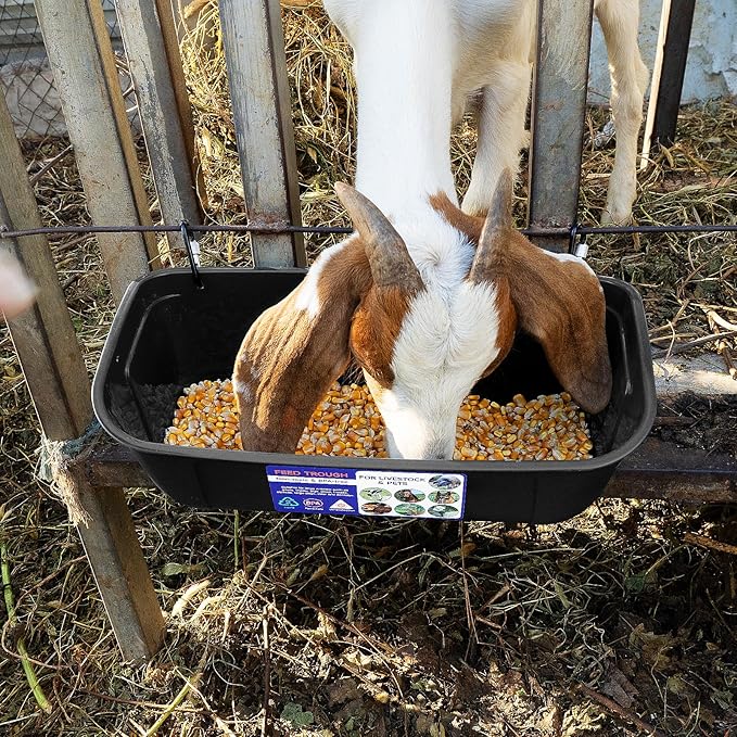Goovilla Large Feed Trough, Hanging or Screw-in Fence Feeder with Clips, 2 Pack 9 Quart Goat Feeder Supplies, Dog Horse Hog Pig Livestock Poultry Plastic Feeder Trough Bucket for Large Animal, Black-PawvioPets
