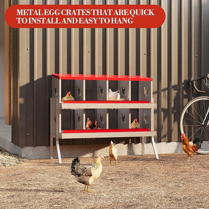 8 Hole Chicken Nesting Box with Roll Out Egg Tray, Rustproof & Ventilated Chicken Laying Boxes for Hens, Chickens, Ducks | Easy-Clean Poultry Coop Accessories, Red with Stand-PawvioPets