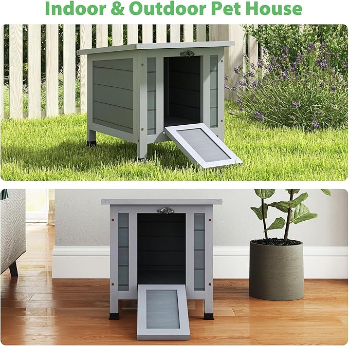Coziwow Rabbit Hutch, Outdoor Cat House Weatherproof, Bunny Cage Indoor with Openable, Portable Small Animals Shelters with Nonslip Ramp for Hideout Rabbits/Feral Cats/Chicken/Duck/Small Animals-Gray-PawvioPets