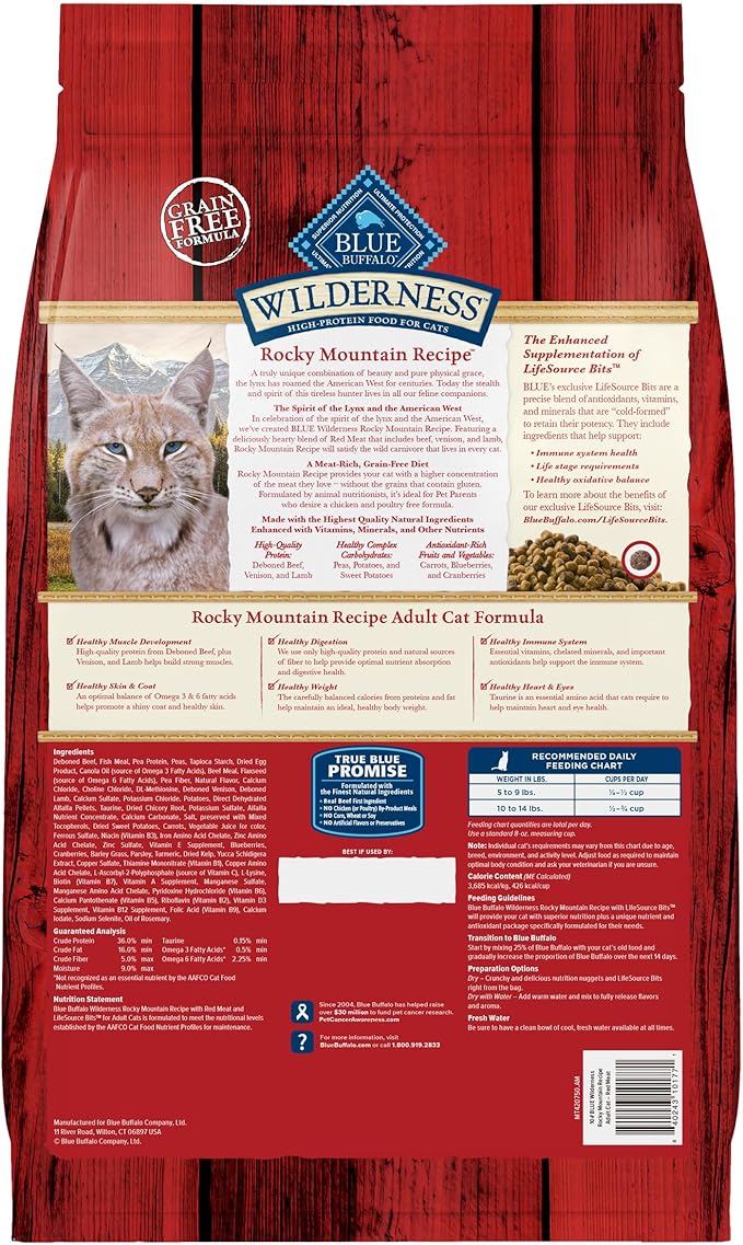 Blue Buffalo Wilderness Adult Dry Cat Food, Rocky Mountain Recipe, Chicken-Free & Grain-Free Recipe Made with Natural Ingredients, Red Meat, 4-lb Bag-PawvioPets