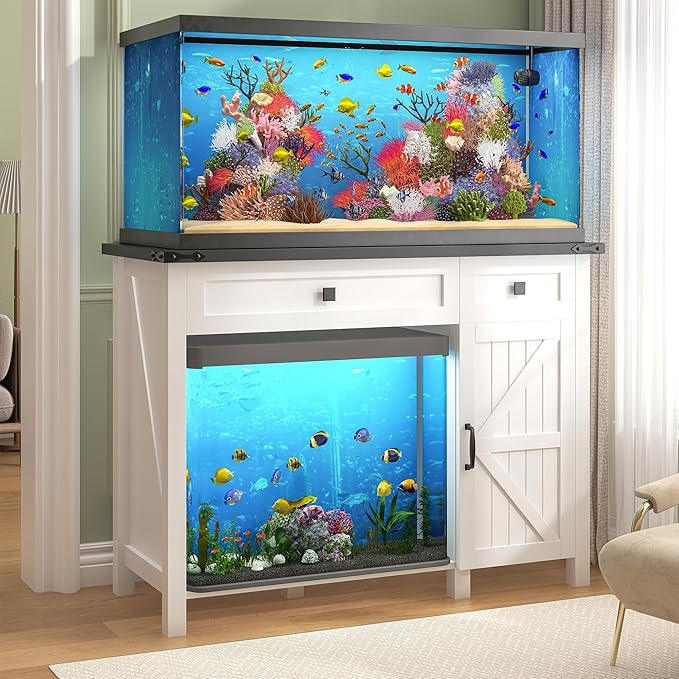 40 Gallon Aquarium Stand With Charging Station, Farmhouse Fish Tank Stand, Reptile Tank Stand Terrarium Stand with Drawer and Cabinet Storage, Sturdy Heavy Duty 41.9"×18.3" Tabletop - White-PawvioPets