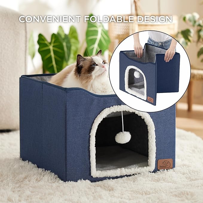 Bedsure Cat Beds for Indoor Cats - Large Cat Cave for Pet Cat House with Fluffy Ball Hanging and Scratch Pad, Foldable Cat Hideaway, 16.5x16.5x13 inches, Blue-PawvioPets