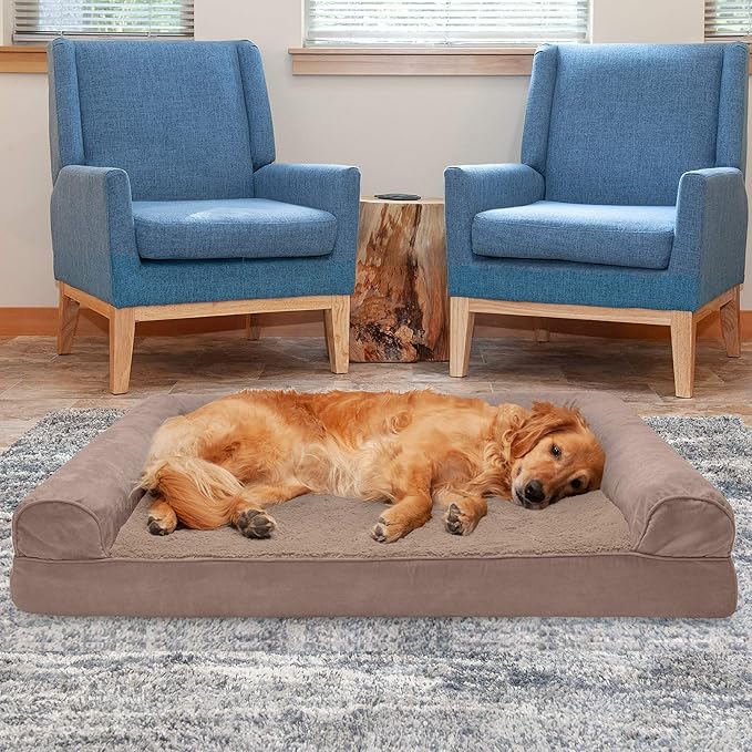 Furhaven Cooling Gel Dog Bed for Large Dogs w/ Removable Bolsters & Washable Cover, For Dogs Up to 95 lbs - Plush & Suede Sofa - Almondine, Jumbo/XL-PawvioPets