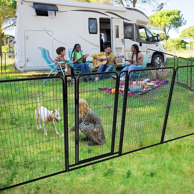 Dog Playpen Outdoor Extra Wide 8 Panels Heavy Duty Dog Fence 47" Height Anti-Rust with Doors Portable for RV Camping Yard, Total 21FT, 35 Sq.ft, Snowy Black-PawvioPets
