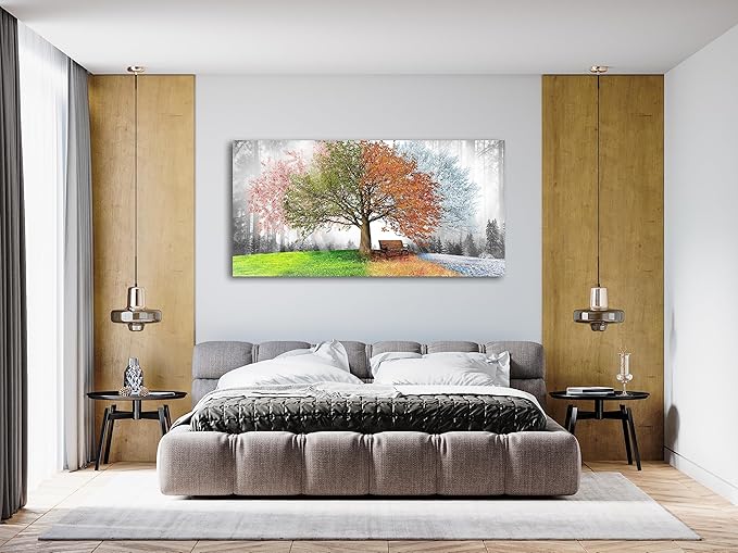 Canvas Prints Wall Art Decor Large Four Seasons Tree Picture 1 Panel Spring Summer Autumn Winter Tree Painting Artwork for Dining Room Kitchen Home Decor Stretched and Framed Ready to Hang-PawvioPets