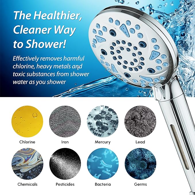 AquaCare High Pressure 10 Spray Mode Filtered Showerhead - Handheld Shower Head Filters Chlorine to Heal Dry Skin, Revive Hair - Dual Power Wash Cleans Tub, Tile, Pets - Hard Water Softener, Chrome-PawvioPets