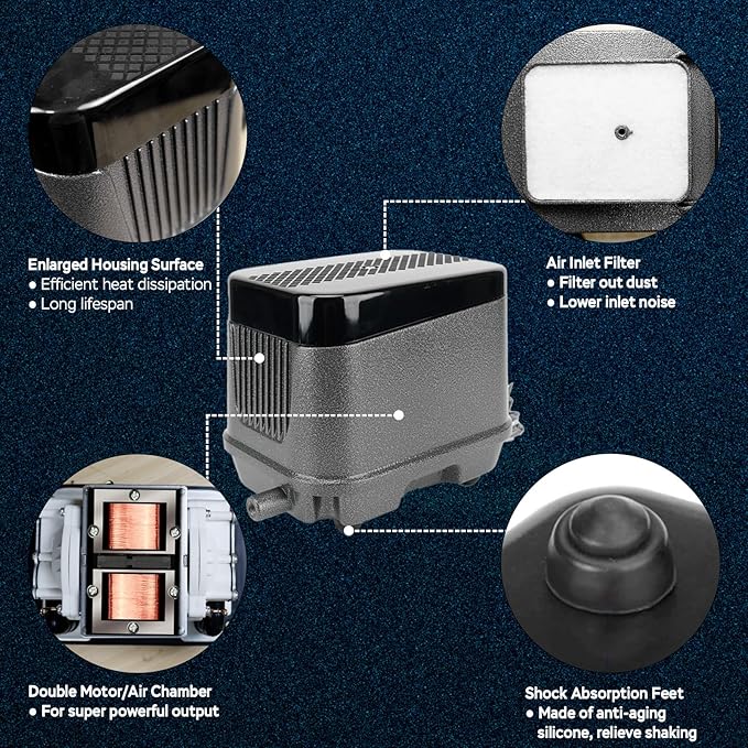 AquaMiracle Linear Air Pump, 635/950/1600/4000GPH Pond Bubbler Septic Air Pump, Energy-Efficient Pond Aerator for Outdoor Ponds, Aquariums, Hydroponics, Waste Treatment-PawvioPets