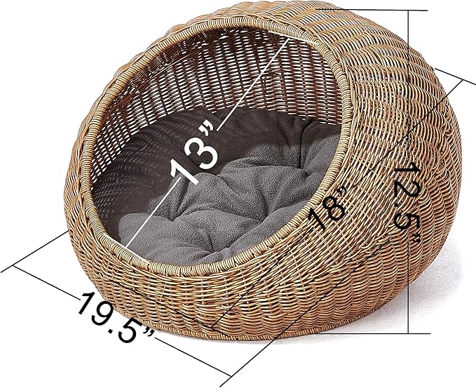 D+GARDEN Wicker Cat Bed Dome for Medium Indoor Cats - a Covered Cat Hideaway Hut of Faux Rattan Houses Pets in Dome Basket, Washable-PawvioPets