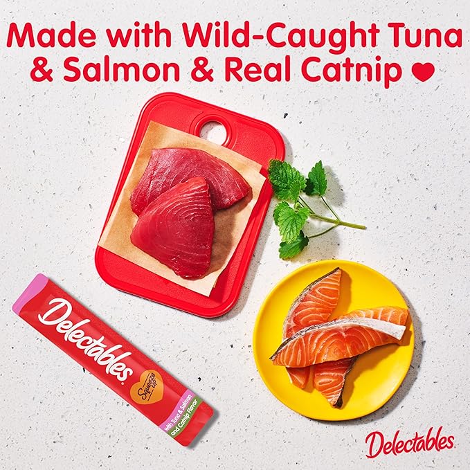 Delectables Squeeze Up Creamy Squeezable Puree, Lickable Wet Cat Treats, Grain Free, No Added Fillers, No By-Products, No Added Preservatives, 0.5 Ounces Tube Tuna & Salmon with Catnip, 32 Tubes Total-PawvioPets