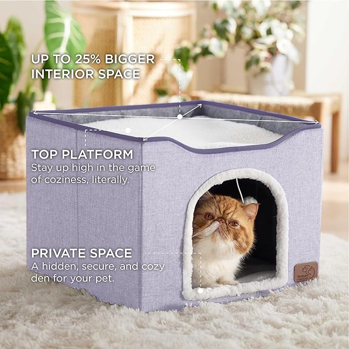 Bedsure Cat Beds for Indoor Cats - Large Cat Cave for Pet Cat House with Fluffy Ball Hanging and Scratch Pad, Foldable Cat Hideaway, 16.5x16.5x13 inches, Cloud Purple-PawvioPets