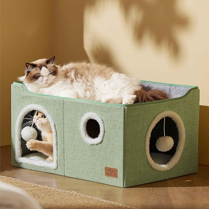 Bedsure Large Cat Beds for Indoor Cats - Extra Wide Cat Cube House for Small Pet with Fluffy Ball Hanging and Scratch Pad, Foldable Pet Cave Hideaway for Multiple Cats, 23.6x16.9x13 inches, Green-PawvioPets