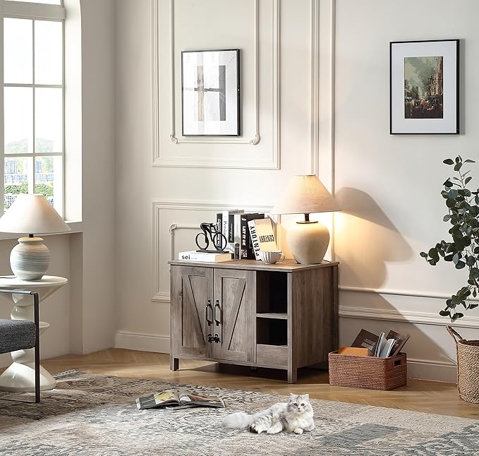 31.9'' Small Cat Litter Enclosure,Adjustable Shelf for Dog Proof and Storage,Locks Added for cat,Cat Litter Collector,Small Indoor Cat House,Grey-PawvioPets