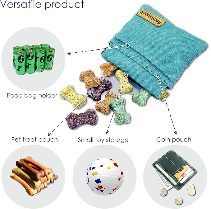 Dog Treat Pouch, Green Pocket Sized Pet Training Pouch, Cotton Fabric, Hand Free Dog Walking Bag with Carabiner, Self-Closing Pet Feed Snack Reward, for Puppy Travel or Outdoor Use-PawvioPets