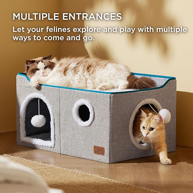 Bedsure Large Cat Beds for Indoor Cats - Extra Wide Cat Cube House for Small Pet with Fluffy Ball Hanging and Scratch Pad, Foldable Pet Cave Hideaway for Multiple Cats, 23.6x16.9x13 inches, Grey-PawvioPets
