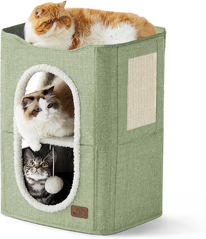 Bedsure 2 Story Cat House - Cat Condos for Indoor Cats with Scratch Pad and Fluffy Ball Hanging, Small Pet Cave Furniture Hideaway for Multi Pets, 18x14x23 inches, Green-PawvioPets