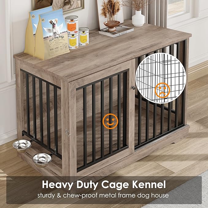 Dog Crate Furniture 47” Large Dog Kennel for Dogs Indoor, Heavy Duty Dog Cage with Sliding Door and 2 SUS Bowls Wooden End Table in Living Room for Small Medium Large Dogs, Rustic-PawvioPets