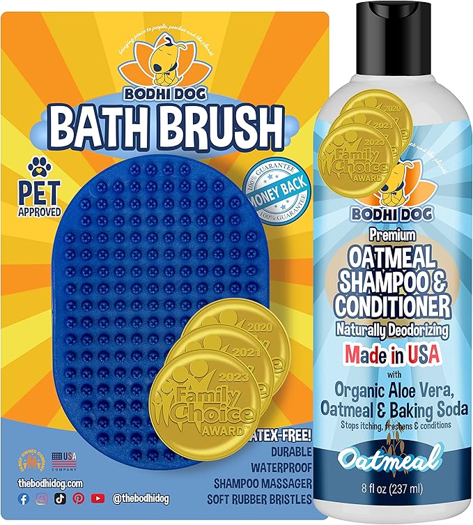 Bodhi Dog Shampoo Brush & Oatmeal Shampoo and Conditioner Bundle - Grooming Essentials for Pets, Short Hair Scrubber, Soothes and Moisturizes Dry, Itchy Skin - Hydrates & Nourishes-PawvioPets