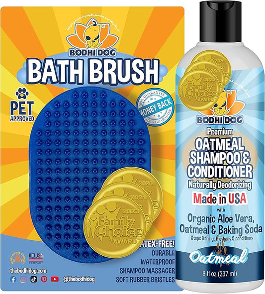 Bodhi Dog Shampoo Brush & Oatmeal Shampoo and Conditioner Bundle - Grooming Essentials for Pets, Short Hair Scrubber, Soothes and Moisturizes Dry, Itchy Skin - Hydrates & Nourishes-PawvioPets