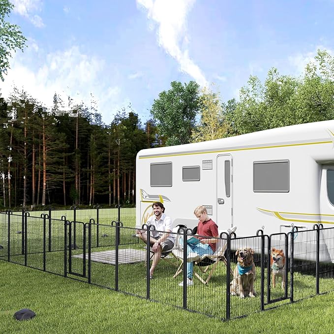 Dog Playpen Outdoor 24 Panels Heavy Duty Dog Fence 47" Height Anti-Rust with Doors Portable for RV Camping Yard, Total 54FT, 227 Sq.ft, Snowy Black-PawvioPets