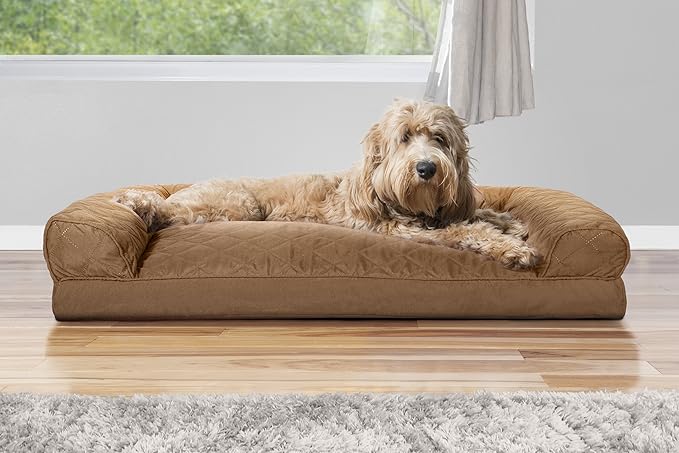 Furhaven Pillow Dog Bed for Large/Medium Dogs w/ Removable Bolsters & Washable Cover - Quilted Sofa - Toasted Brown, Large-PawvioPets