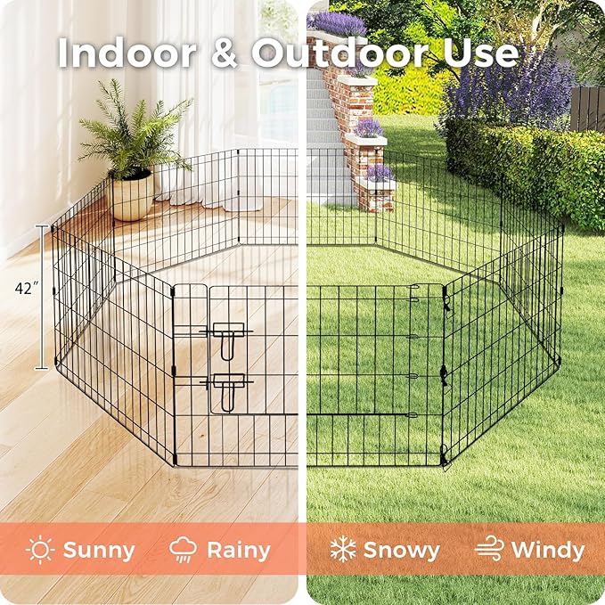 Foldable Dog Playpen 42" Height 8 Panels Metal Exercise Pen with Door - Indoor/Outdoor Dog Play Pen for Medium-Large Dogs, Portable Pet Fence for Yard Garden Camping, Black-PawvioPets