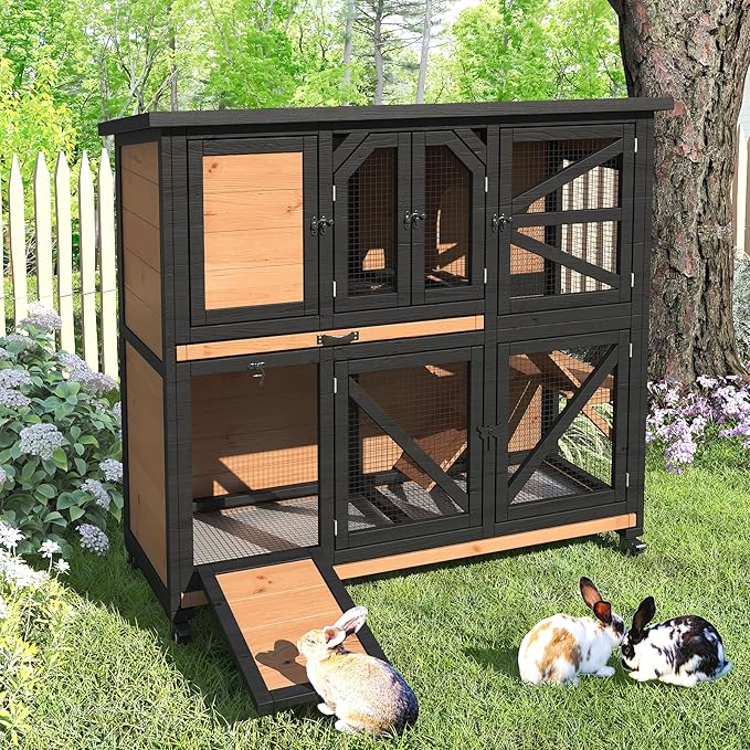 47.3" Two Story Rabbit Cage Bunny Cage Indoor, Wooden Rabbit Hutch Hamster Cages for Small Animals, Outdoor Guinea Pig Cages with Wheels & 2 Removable Trays & Bottom Wire Mesh-PawvioPets