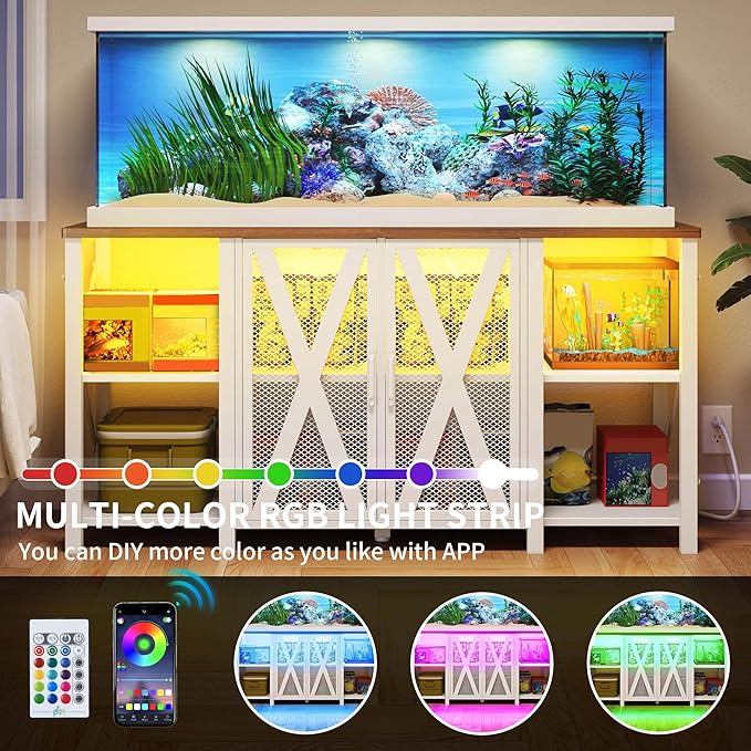 DWVO 75-120 Gallon Aquarium Stand with Power Outlet & LED Light, Cabinet for Accessories Storage - Heavy Duty Metal Fish Tank Stand Suitable for Turtle Tank, Reptile Terrarium, 2000LBS Capacity, White-PawvioPets