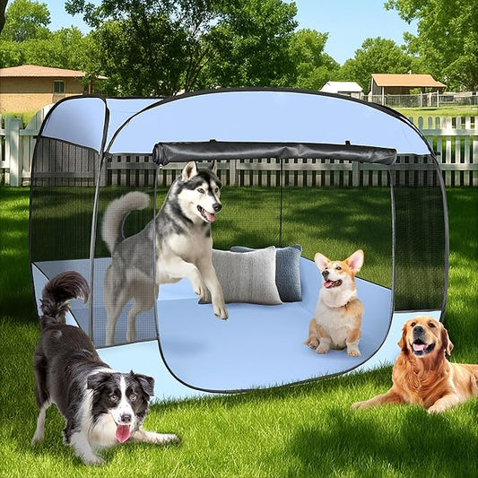 EighteenTek XLarge Popup Portable Dog Houses, 5.3'x4'H Assembly-Free Gazebo-Style Dog Cot Cat Playpen Screen Pet Tent Sun Shade Shelter Dog Bed with Canopy for Outdoor, Anti-Bugs with Leakproof Bottom-PawvioPets