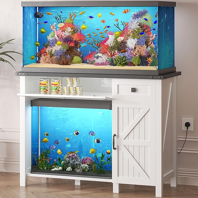 40 Gallon Aquarium Stand With Charging Station, Farmhouse Fish Tank Stand, Reptile Tank Stand Terrarium Stand with Drawer and Cabinet Storage, Sturdy Heavy Duty 41.9"×18.3" Tabletop - White-PawvioPets
