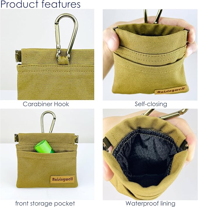 Dog Treat Pouch, Brown Pocket Sized Pet Training Pouch, Cotton Fabric, Hand Free Dog Walking Bag with Carabiner, Self-Closing Pet Feed Snack Reward, for Puppy Travel or Outdoor Use-PawvioPets