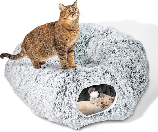 Cat Donut Bed with Washable Cushion – Cat Caves for Indoor Cats – Collapsible Donut Bed with Peekaboo Pet Tunnel & Tunnel Toy – Cozy Hideout for Kittens, Ferrets, Rabbits & Dogs – Grey-PawvioPets