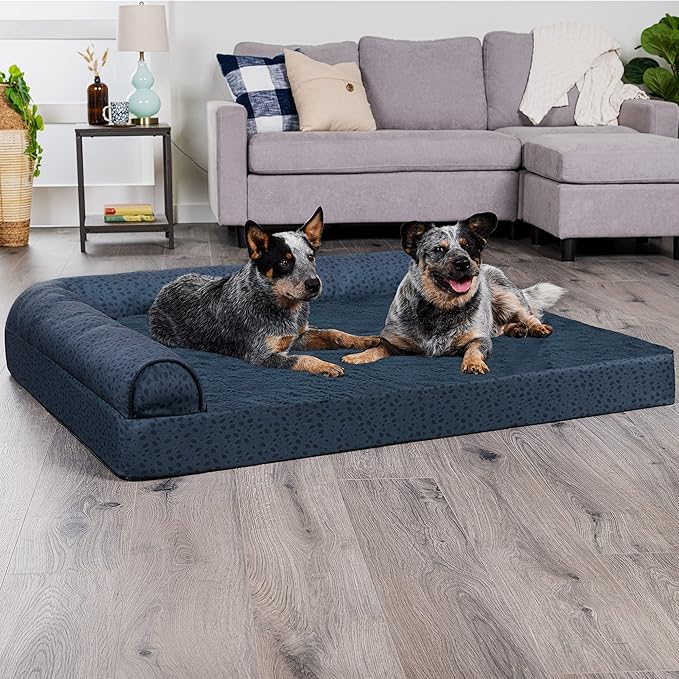 Furhaven Cooling Gel Dog Bed for Large Dogs w/ Removable Bolsters & Washable Cover, For Dogs Up to 125 lbs - Plush & Almond Print L Shaped Chaise - Blue Almonds, Jumbo Plus/XXL-PawvioPets