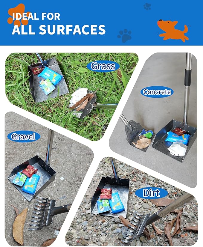 Dog Pooper Scooper Set, Stainless Metal Tray Rake Spade 3 Pack, Long Handle Pet Waste Scooper for Large Medium Small Dogs, Heavy Duty Poop Scooper for Yard, Grass, Dirt or Gravel-PawvioPets