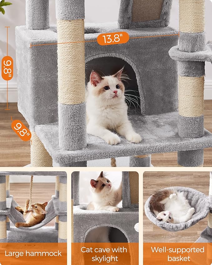 Feandrea Cat Tree, 66.1-Inch Large Cat Tower with 13 Scratching Posts, 2 Perches, 2 Caves, Basket, Hammock, Pompoms, Multi-Level Plush Cat Condo for Indoor Cats, Light Gray UPCT165W01-PawvioPets