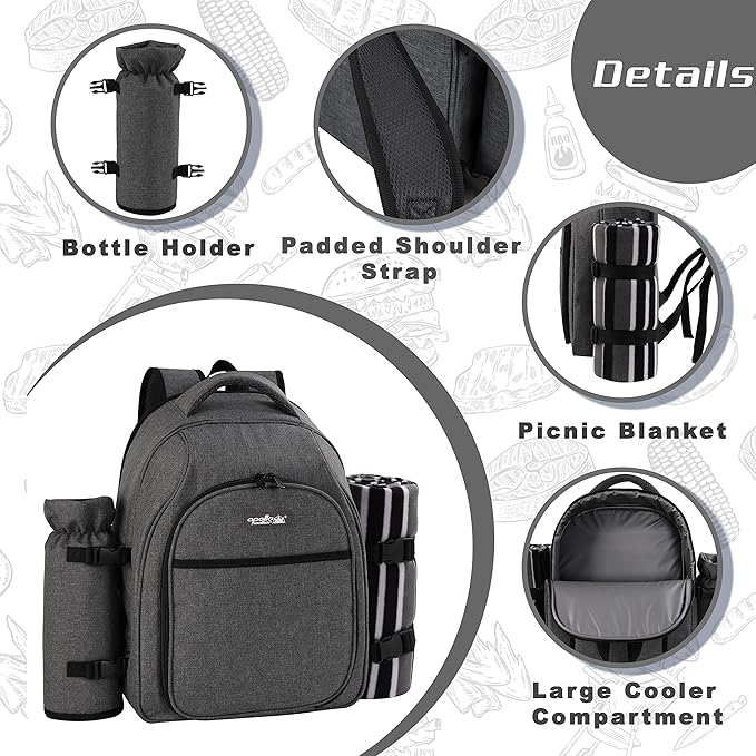 apollo walker Picnic Backpack Bag for 2 Person with Cooler Compartment, Detachable Bottle/Wine Holder, Fleece Blanket, Plates and Cutlery Set (2Person,Grey)-PawvioPets
