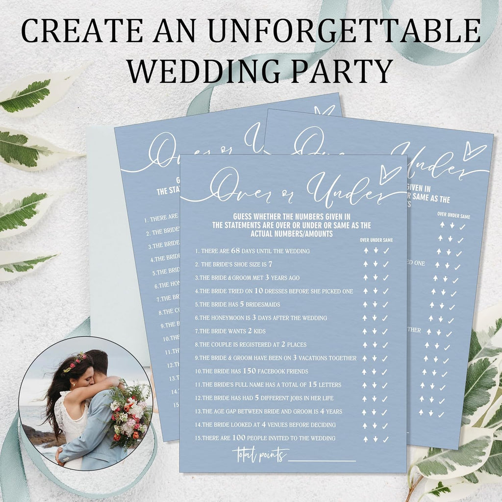 Fun Wedding Games Set - 25 Bridal Shower Games Cards, Wedding Game for Reception 25 Guest Cards (5 × 7 Inch), Minimalist White Newlywed Party Supplies - B13