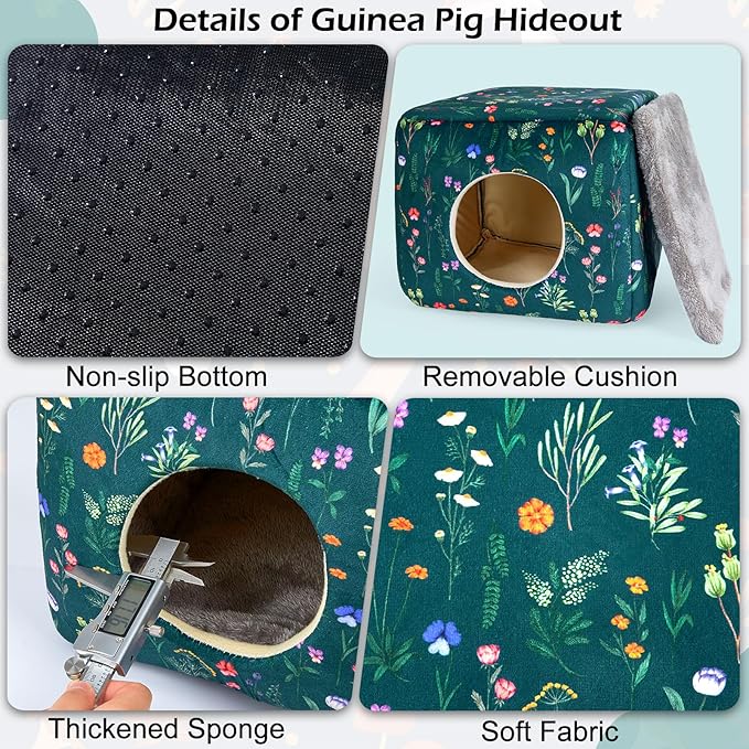 Bienbee Guinea Pig Hideout, Washable Guinea Pigs House Cozy Guinea Pigs Bed for Small Pet Bunny/Rabbit/Hamster/Chinchilla Guinea Pig Accessories Green Flowers-PawvioPets