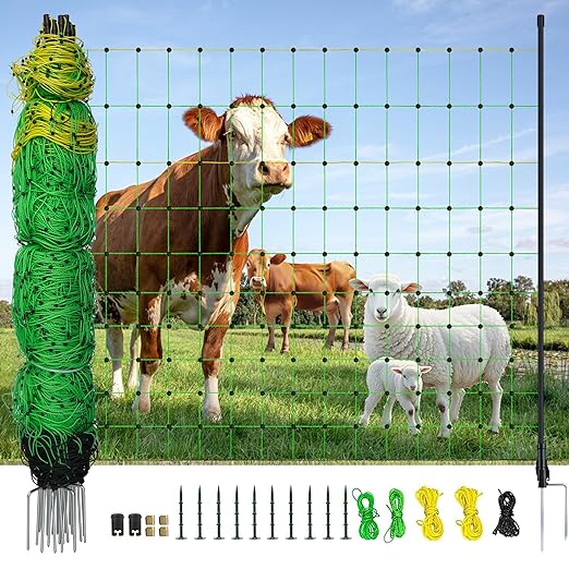Electric Fence Netting, 164'L x 47.2" H Electric Chicken Fence Kit for Livestock, Farms, Backyards, Garden, Assembled Double Spiked Portable Electric Poultry Farm Fence-PawvioPets