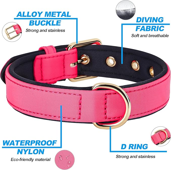 Didog Soft Padded Dog Collars for Medium Dogs, Lightweight and Breathable Pink Dog Collar with Metal Buckle, Pink, L-PawvioPets