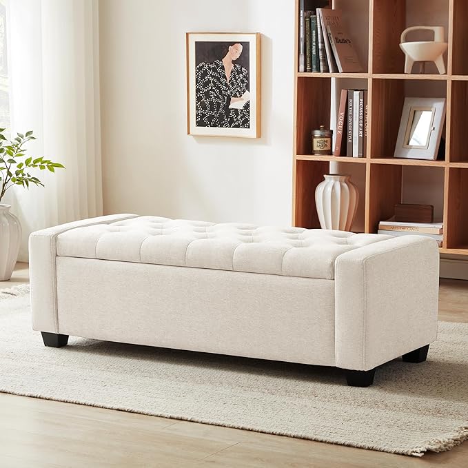 48" Ottoman with Storage, Storage Ottoman Bench with Safety Hinge, Upholstered Entryway Bench with Seating for Bedroom, Living Room, Holds up to 330 lb, Beige-PawvioPets
