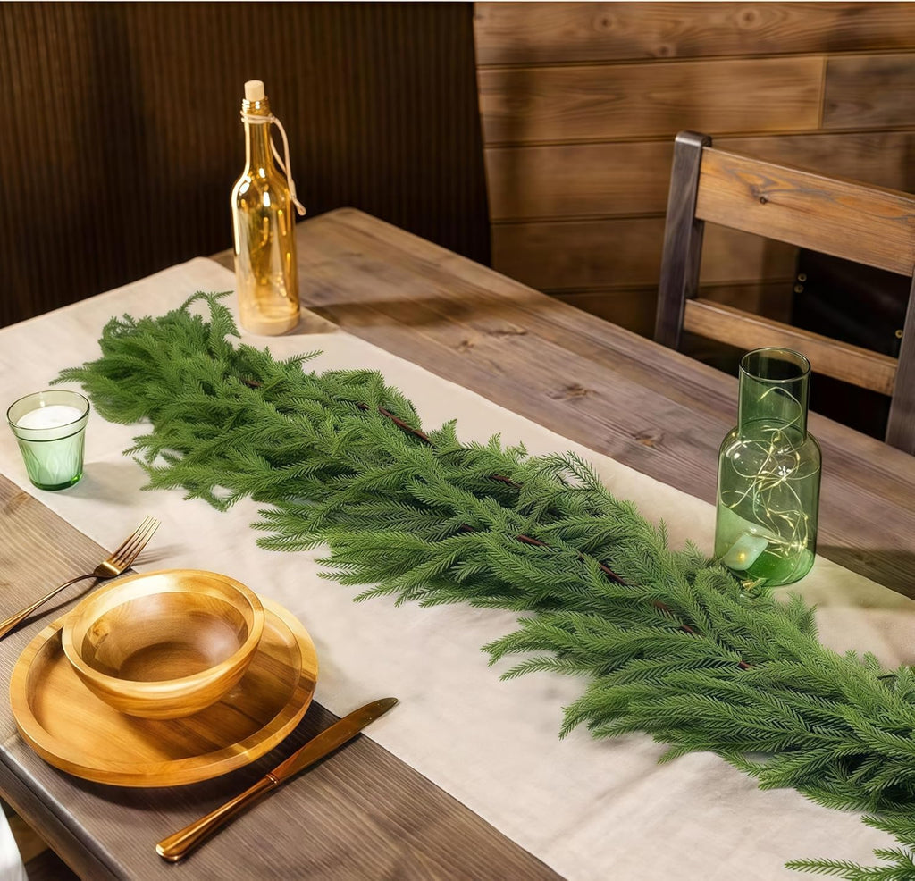 Christmas Decorations Artificial Norfolk Pine Garlands 9FT, 4Pcs Real Touch Winter Pine Garland, Green Artificial Greenery Garland for Table, Mantle, Wall, Indoor, Outdoor Decorations