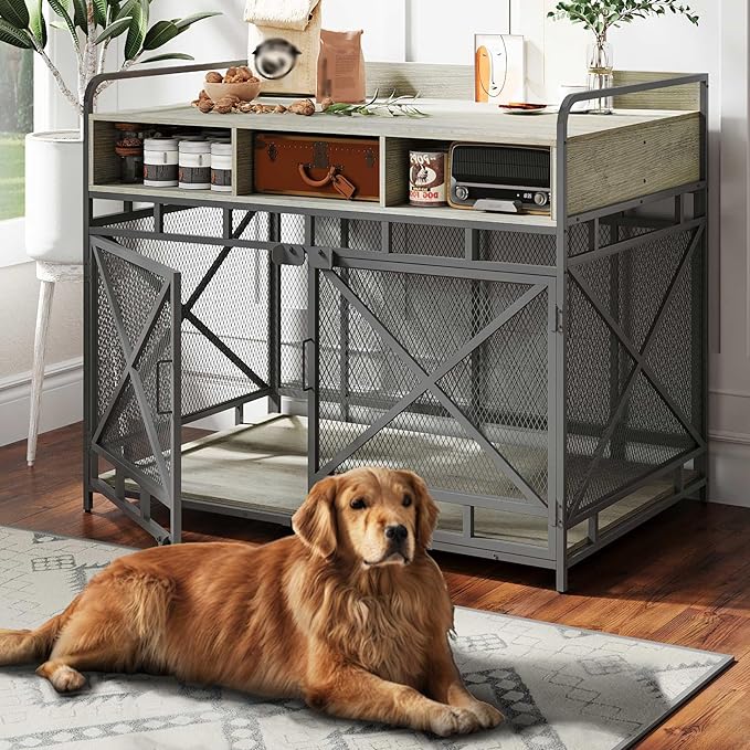 Dog Crate Furniture, 43" Heavy Duty Wooden Dog Crate End Table, XL Dog Kennel Furniture Large Breed, Decorative Dog Kennel Indoor with 3 Drawers & Steel Tubes 43" L x28 W x36 H (Grey)-PawvioPets
