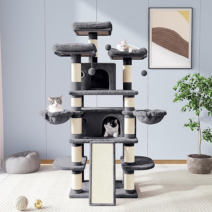 Allewie 68 Inches Cat Tree/House and Towers for Big Feline/Scratching Post/Multi-Level Large Kitty Climbing Tree with Condo/Smokey Grey-PawvioPets