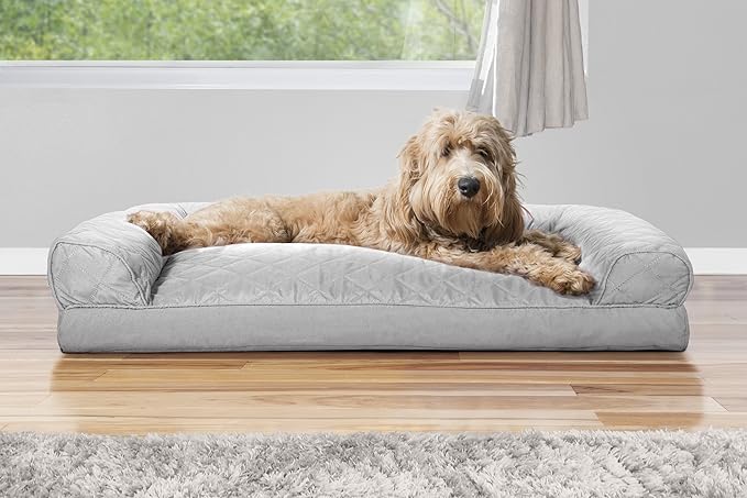 Furhaven Pillow Dog Bed for Large/Medium Dogs w/ Removable Bolsters & Washable Cover - Quilted Sofa - Silver Gray, Large-PawvioPets