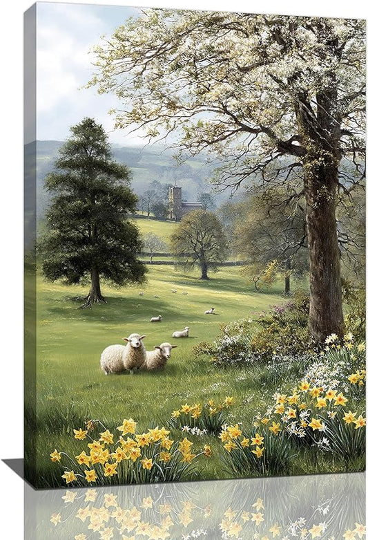 Country Sheep Canvas Wall Decor Farmhouse Rustic Lamb Wildflower Wall Art Nature Countryside Landscape Pictures Painting Print Framed Artwork Decorations for Bathroom Living Room Bedroom 16"x24"-PawvioPets