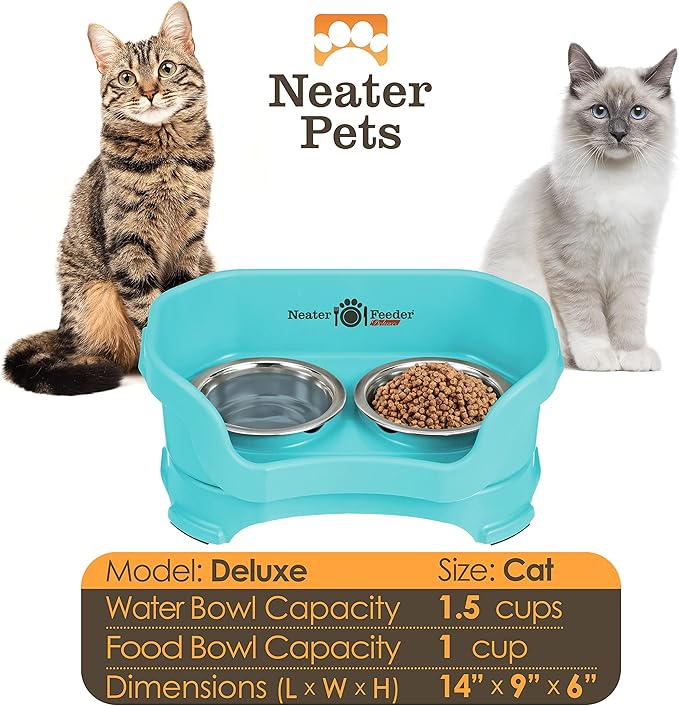 Neater Feeder Deluxe Mess Proof Cat Bowls Elevated for All Breeds – Made in USA – No Spill Raised Bowls for Indoor Cats – Stainless Steel Food and Water Bowl Set, Pet Dish Feeding Station, Aquamarine-PawvioPets